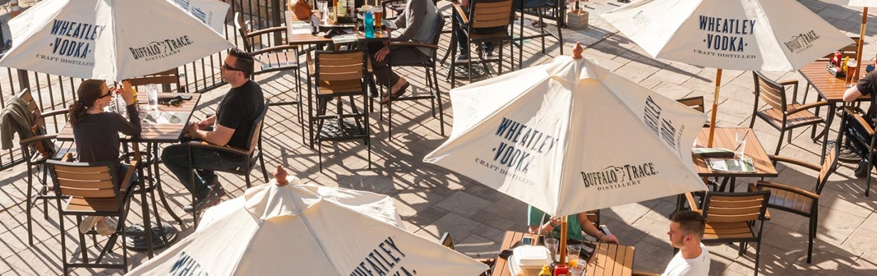 Eating patio with tables and umbrellas